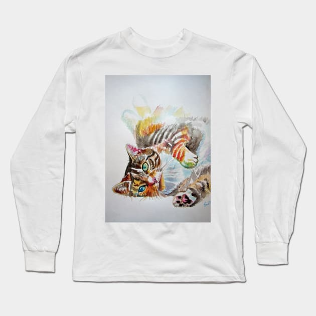 Tabby Cat Watercolor Painting Long Sleeve T-Shirt by SarahRajkotwala